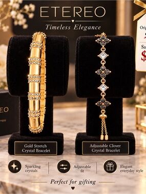 Gold Stretch Crystal Bracelet - Gold Crystal Adjustable Clover Bracelet